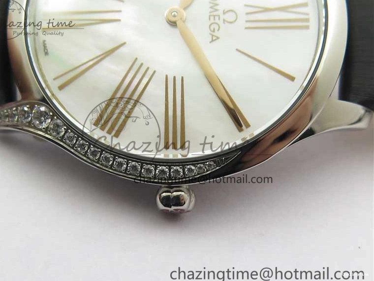 0811 Ladies’ De Ville Trésor Diamond SS 3AF 1:1 Best Edition White MOP Dial RG Markers On Black Fabric strap Swiss Quartz Comfortable 7884